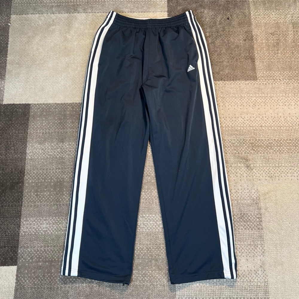 Y2K Adidas Mens Track Pants Navy Blue White 3-Stripe Drawstring Large Wide Leg